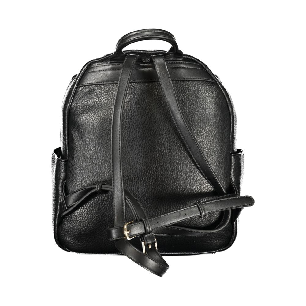 Mario Valentino Black Leather-Finish Women’s Backpack with Iconic Logo