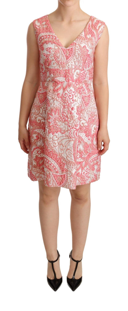  - Pink Floral Jacquard Pleated Sheath Dress